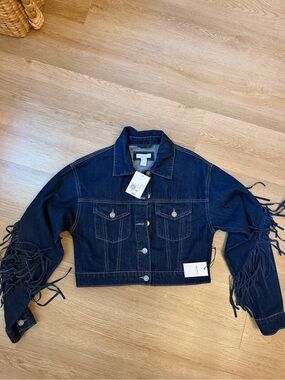 Forever 21 Dark Blue Fringe Sleeve Denim Jacket
